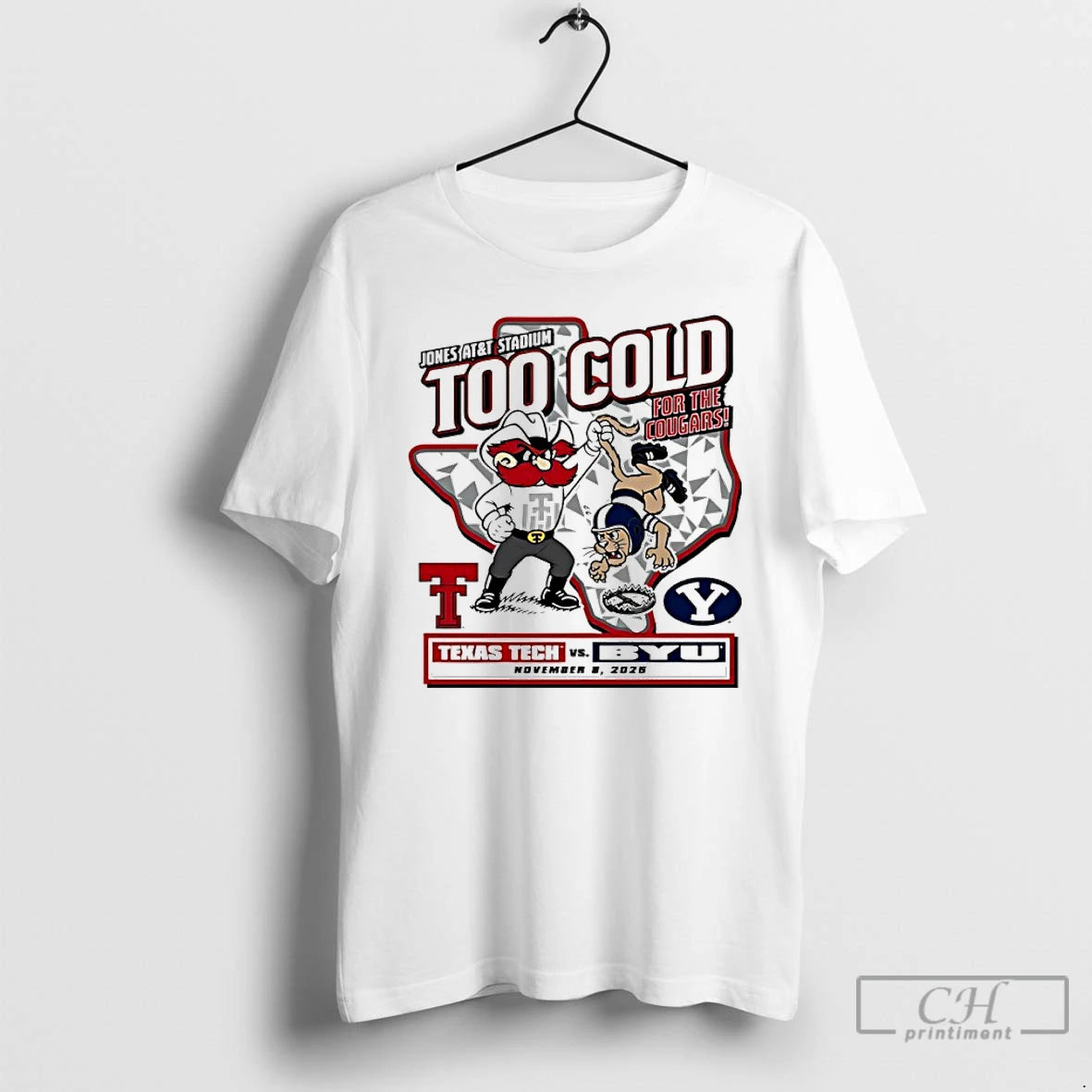 Classic Texas Tech Vs Byu 2025 Too Cold For The Cougars Gameday Mascot T Shirts Hoodie Sweatshirt | PurePodTees.com
