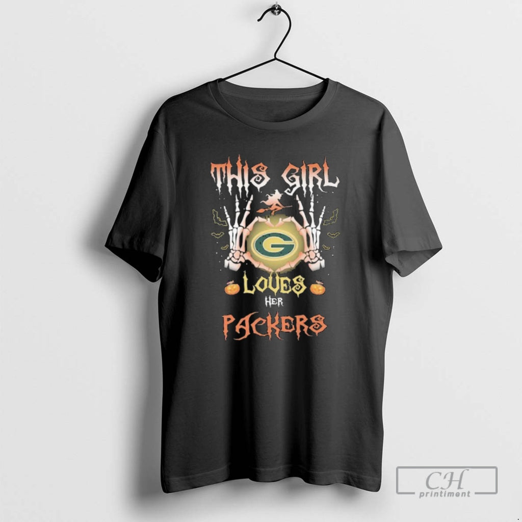 Classic This Girl Loves Her Green Bay Packers Skeleton Heart Hands Halloween Shirt Sweater