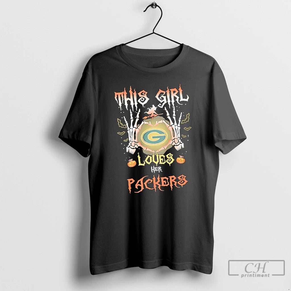 Classic This Girl Loves Her Green Bay Packers Skeleton Hands T Shirts