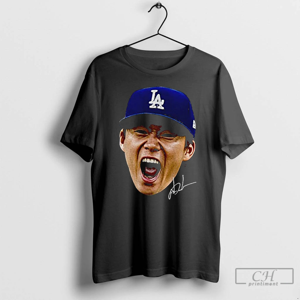 Classic Yoshinobu Yamamoto World Series Mvp Big Face Signature T Shirts Hoodie Sweatshirt | PurePodTees.com