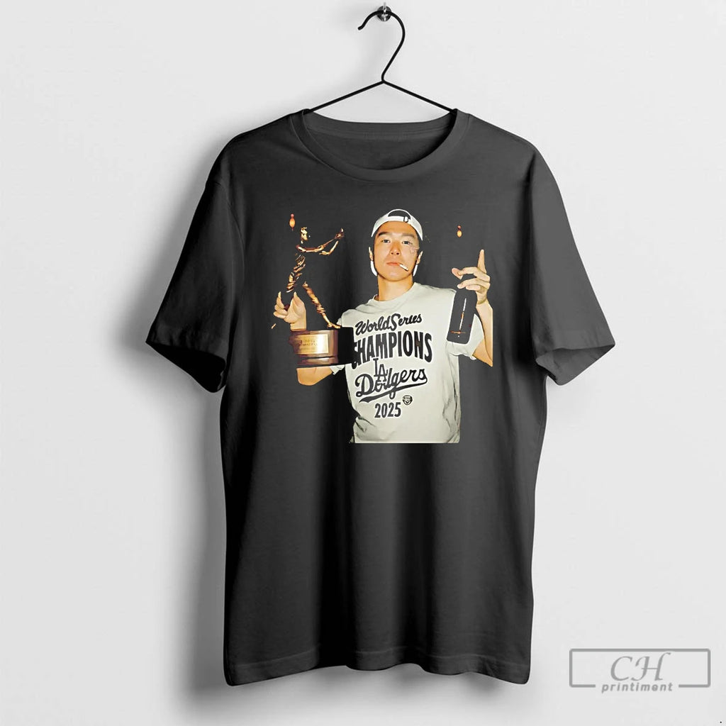 Classic Yoshinobu Yamamoto Smoking Trophy 2025 Dodgers Champion T Shirts Hoodie Sweatshirt | PurePodTees.com