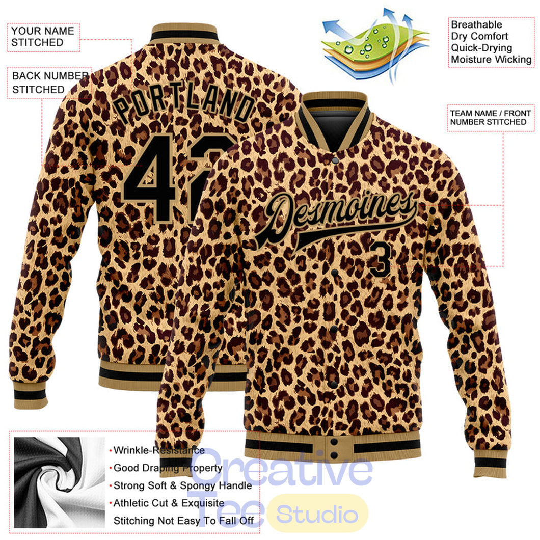 Custom Brown Black-Old Gold Leopard 3D Pattern Design Bomber Full-Snap Varsity Letterman Jacket