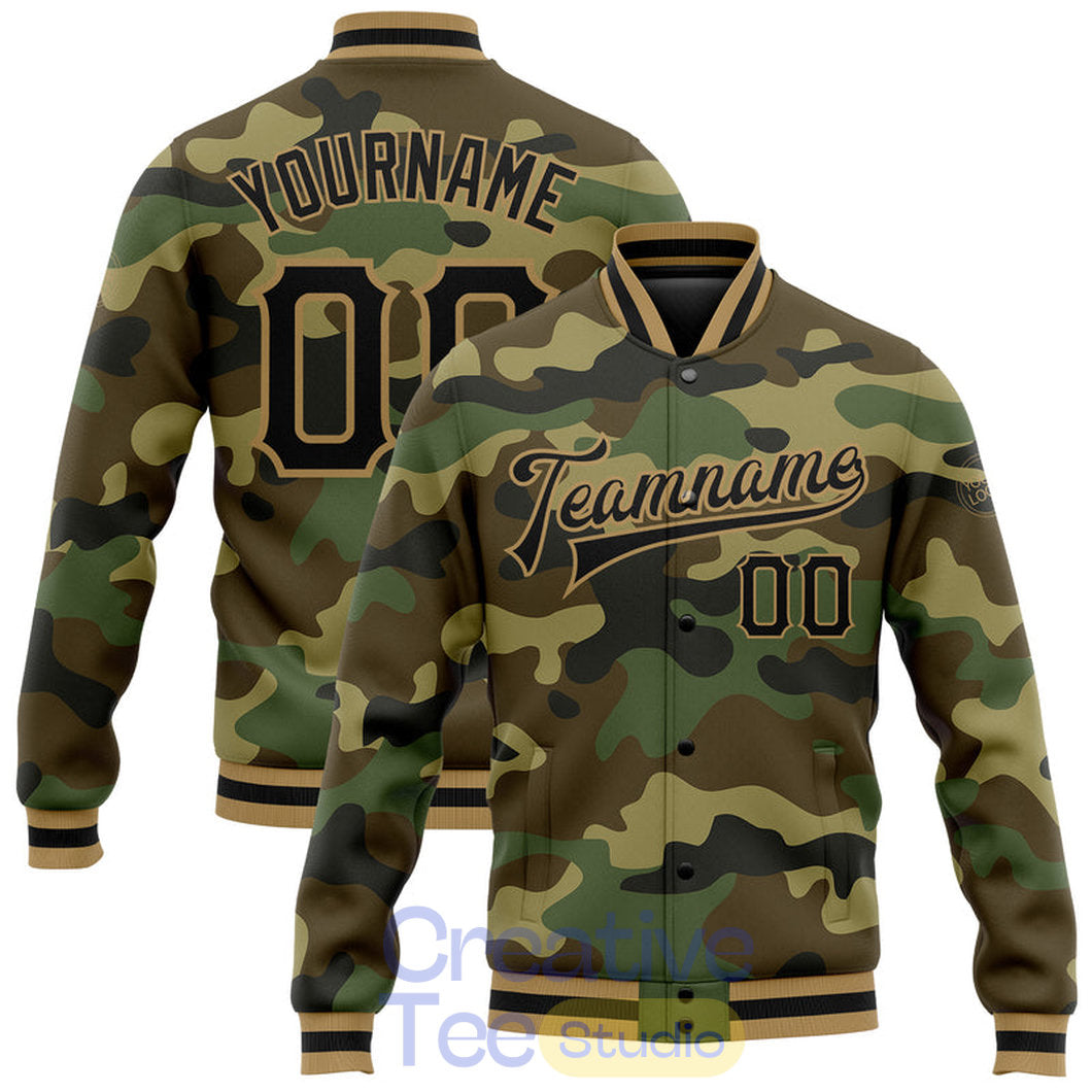 Custom Camo Black-Old Gold Bomber Full-Snap Varsity Letterman Salute To Service Jacket