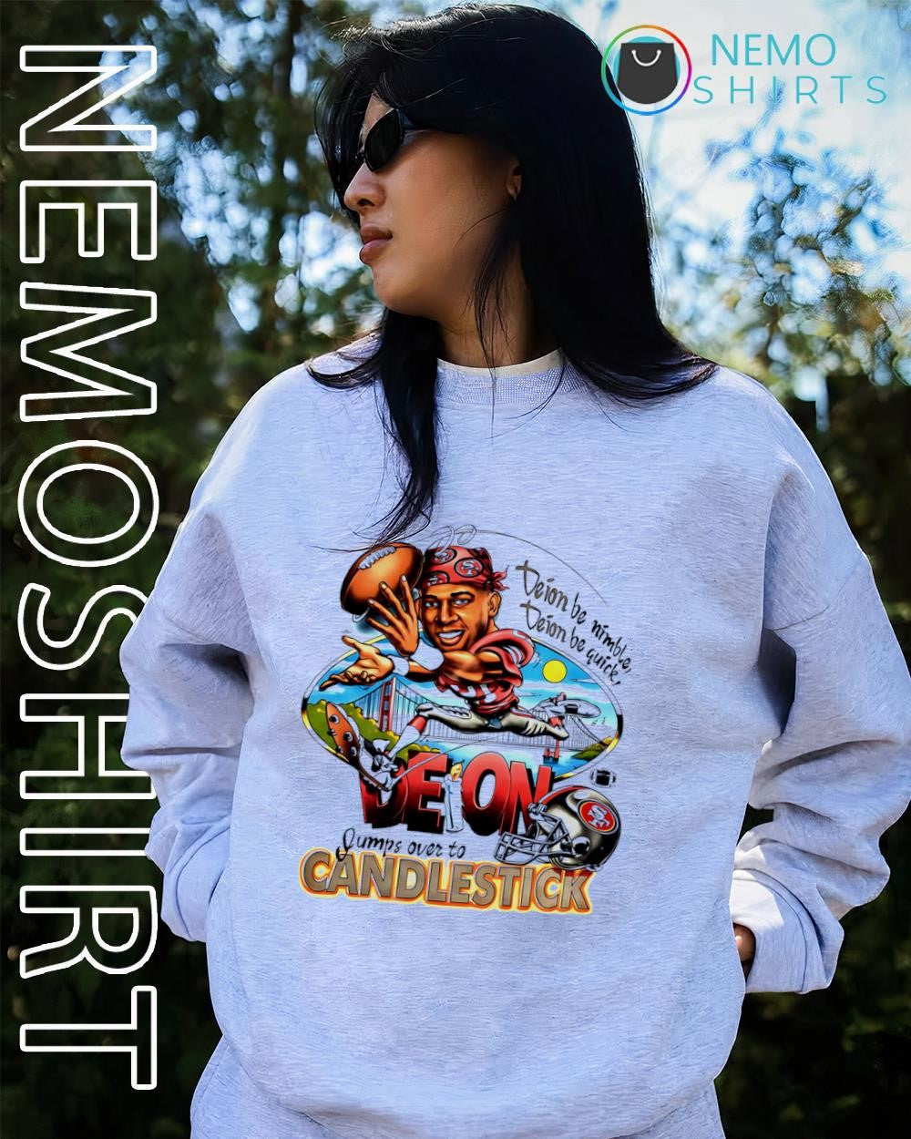 Deion Sanders San Francisco 49ers jumps over to Candlestic shirt
