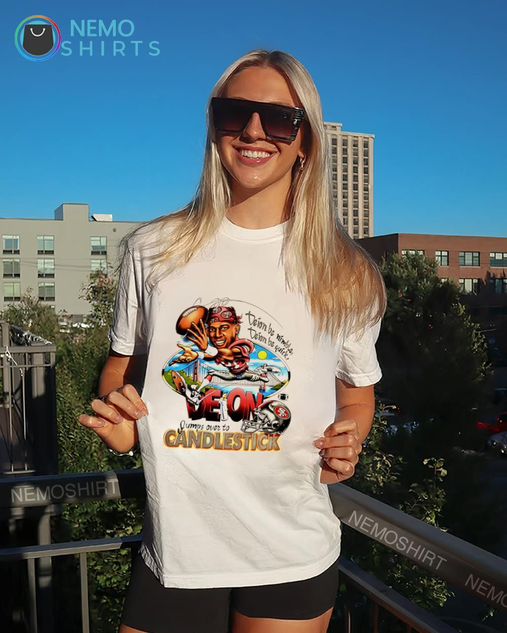 Deion Sanders San Francisco 49ers jumps over to Candlestic shirt