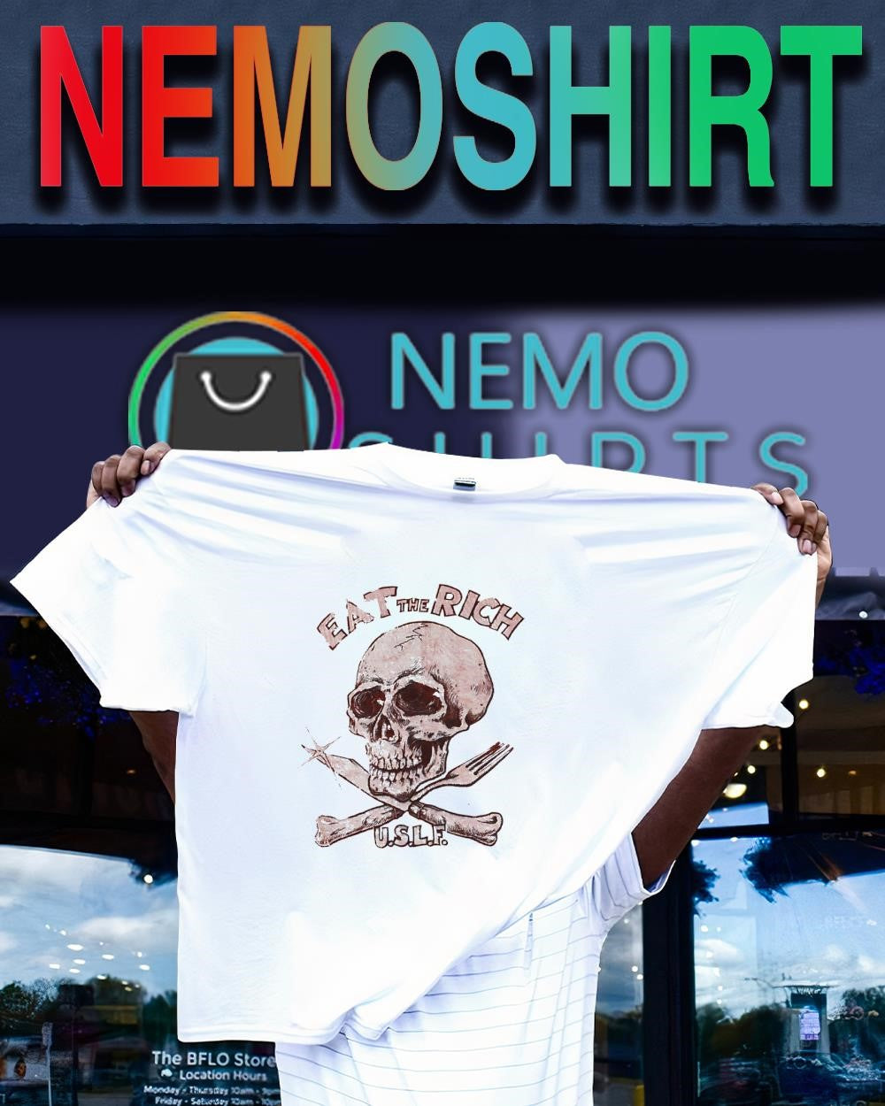 Eat the Rich U.S.L.F. skull with knife and fork shirt