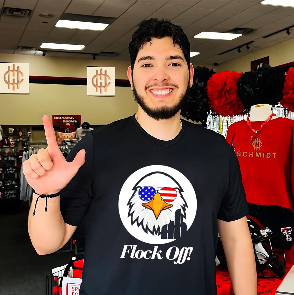 Flock off TKsTeesUS with eagle wearing American flag sunglasses funny shirt