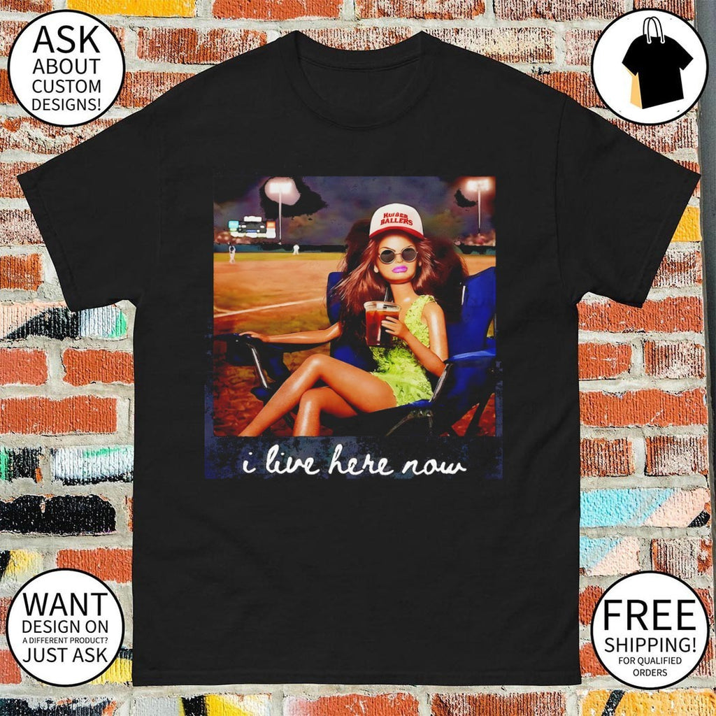 Funny meme doll drinking iced coffee I live here now Game Day shirt