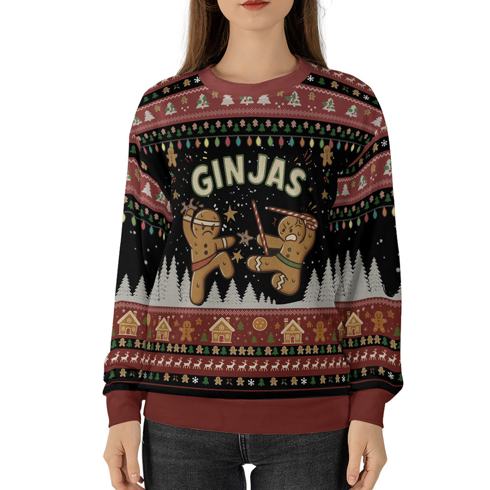 Gingerbread Ginjas In Battle Ugly Christmas Sweater