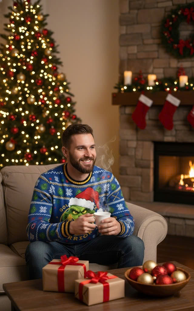 Golden State Warriors x The Grinch Ugly Christmas Sweater – Royal Blue & Gold “Grinchmas” Knit