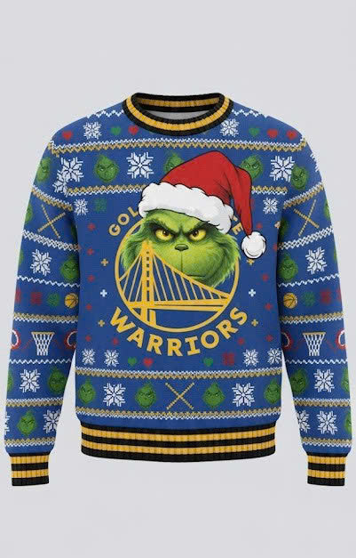 Golden State Warriors x The Grinch Ugly Christmas Sweater – Royal Blue & Gold “Grinchmas” Knit