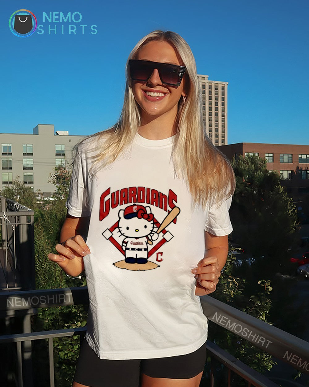 Hello Kitty wearing Cleveland Guardians jersey baseball shirt