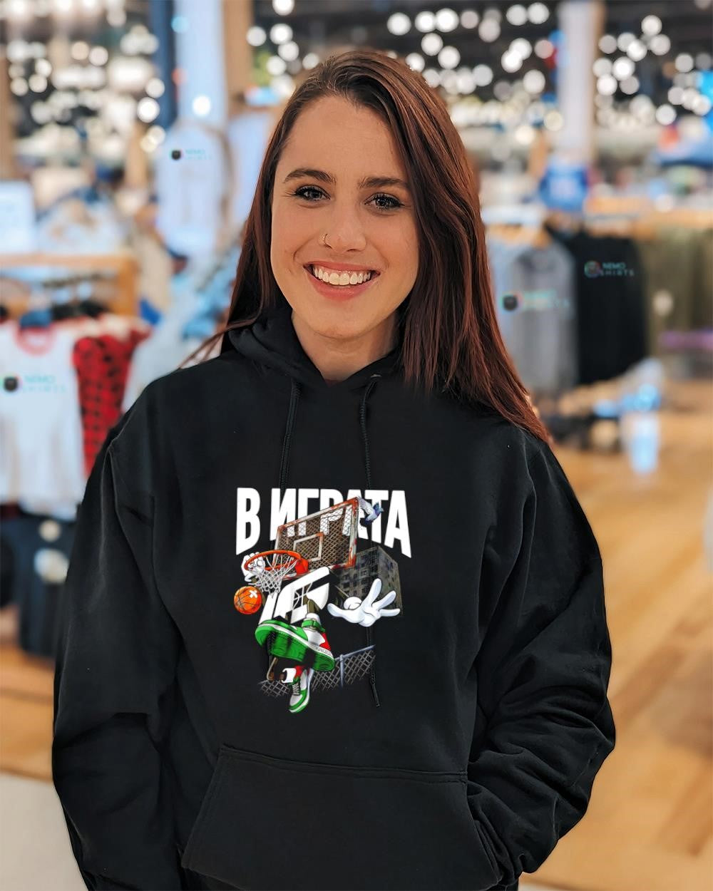 In the game basketball player dunking shirt
