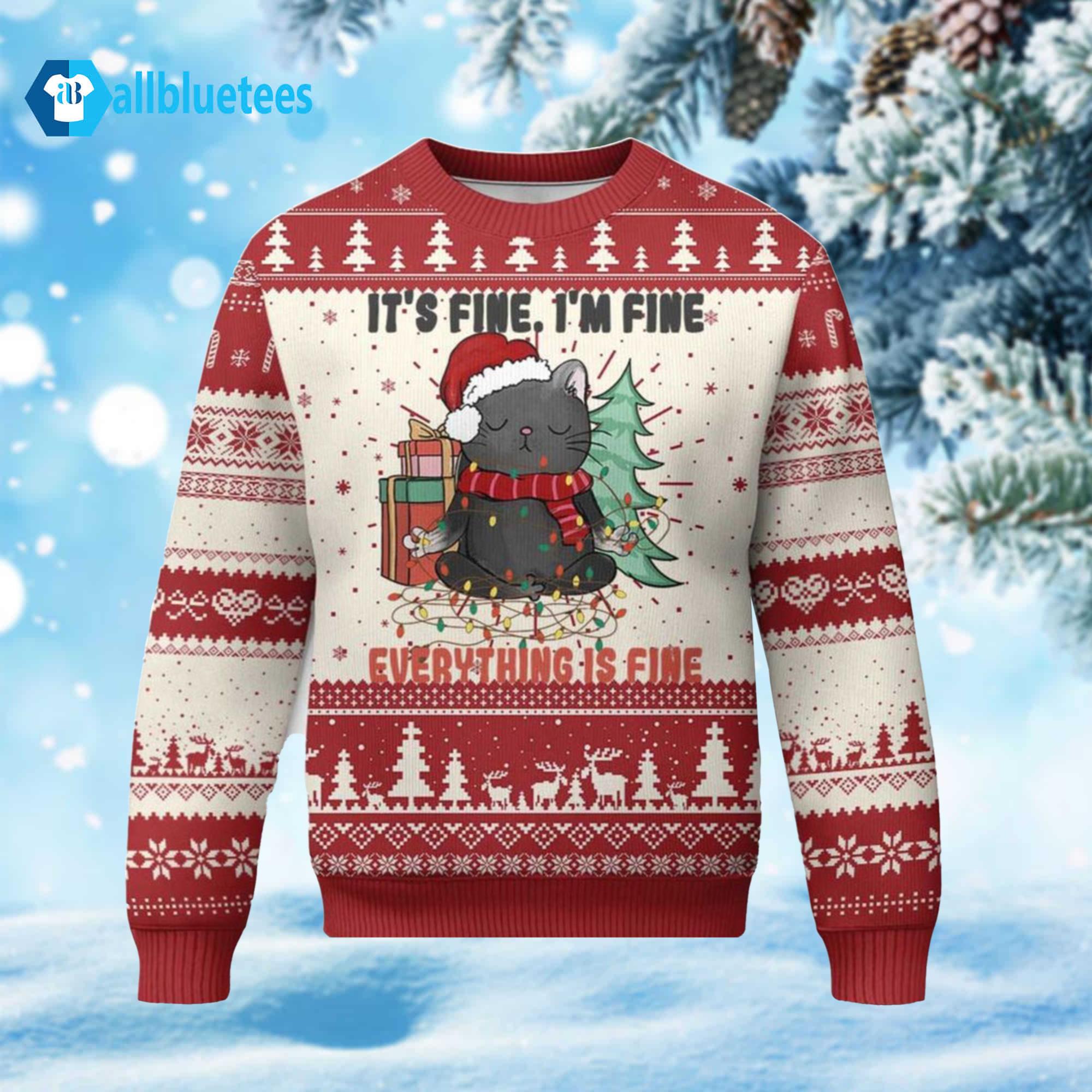 It’s Fine I’m Fine Everything Is Fine Black Cat Ugly Christmas Sweater