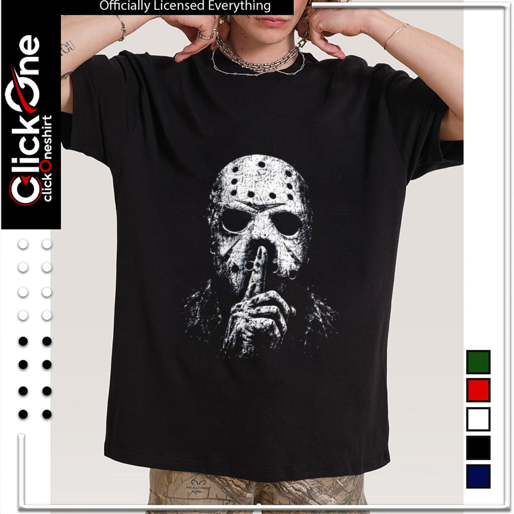 Jason Voorhees Friday the 13th horror movie character silence gesture shirt