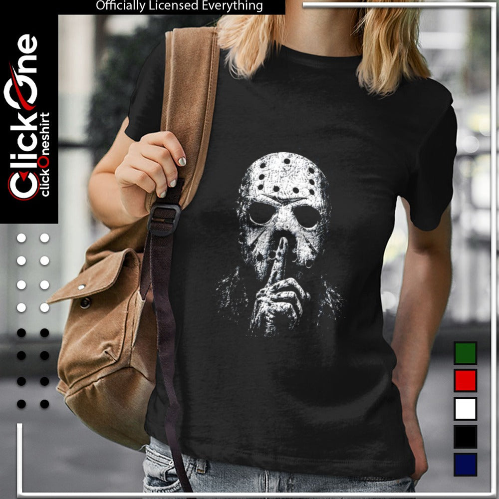 Jason Voorhees Friday the 13th horror movie character silence gesture shirt