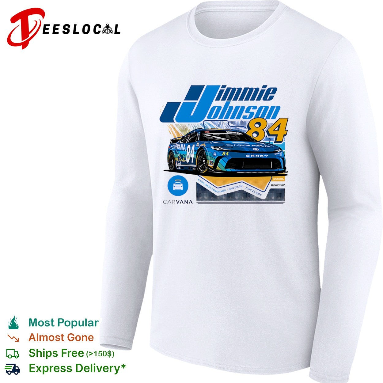 Jimmie Johnson Legacy Motor Club Naval Base Coronado San Diego race car 84 Carvana June 21 2026 NASCAR shirt
