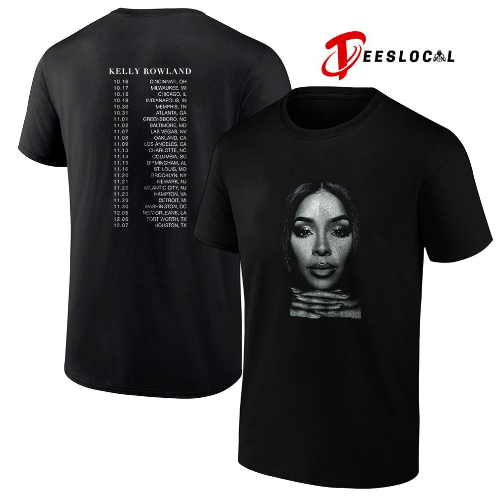 Kelly Rowland black and white photo tour dates schedule portrait shirt