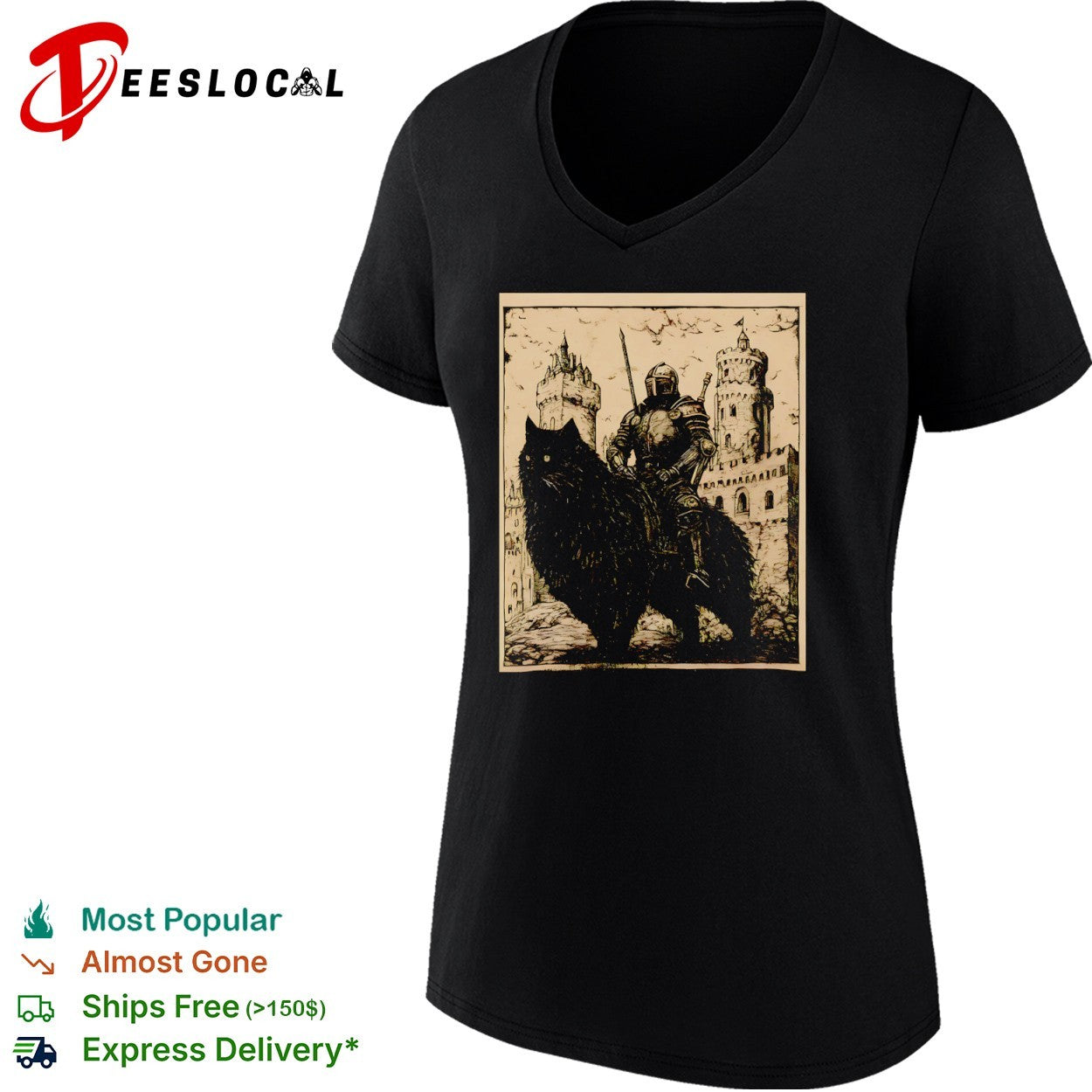 Knight on a Giant Cat Castle Medieval Fantasy Shirt