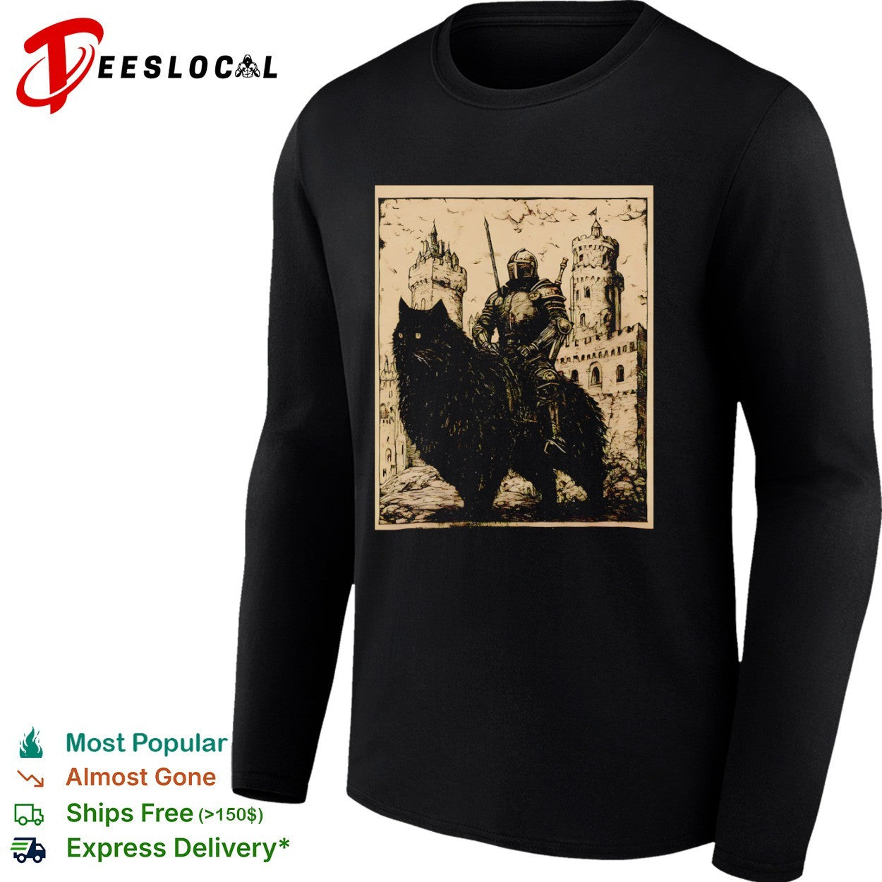 Knight on a Giant Cat Castle Medieval Fantasy Shirt