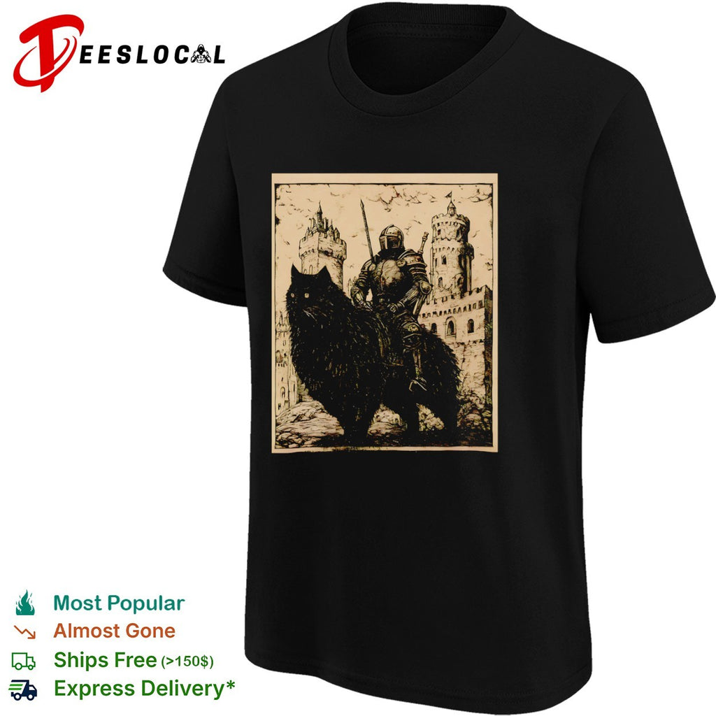 Knight on a Giant Cat Castle Medieval Fantasy Shirt