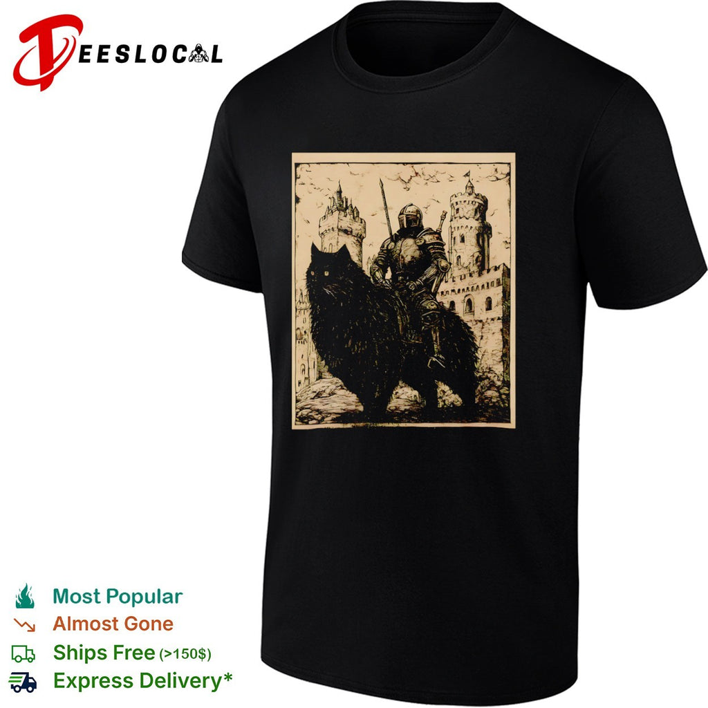Knight on a Giant Cat Castle Medieval Fantasy Shirt