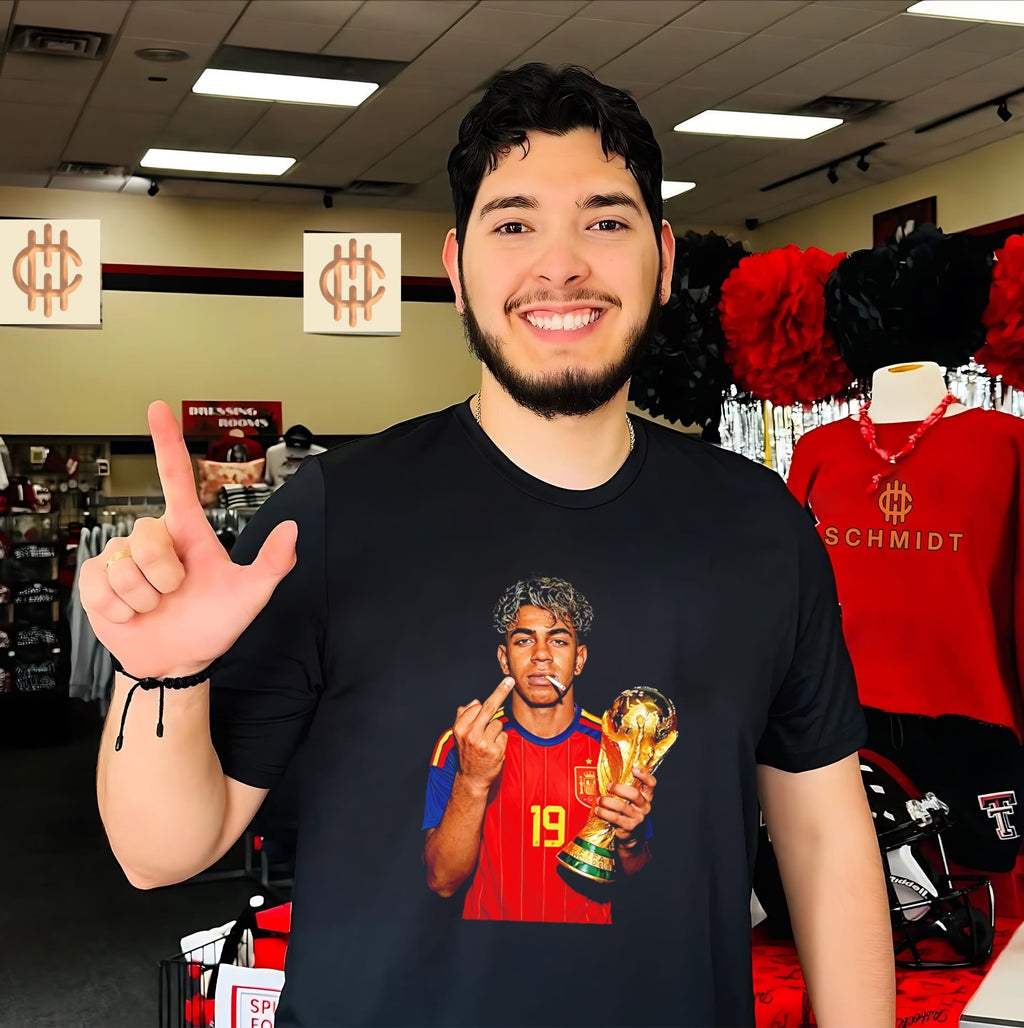 Lamine Yamal holding trophy middle finger shirt
