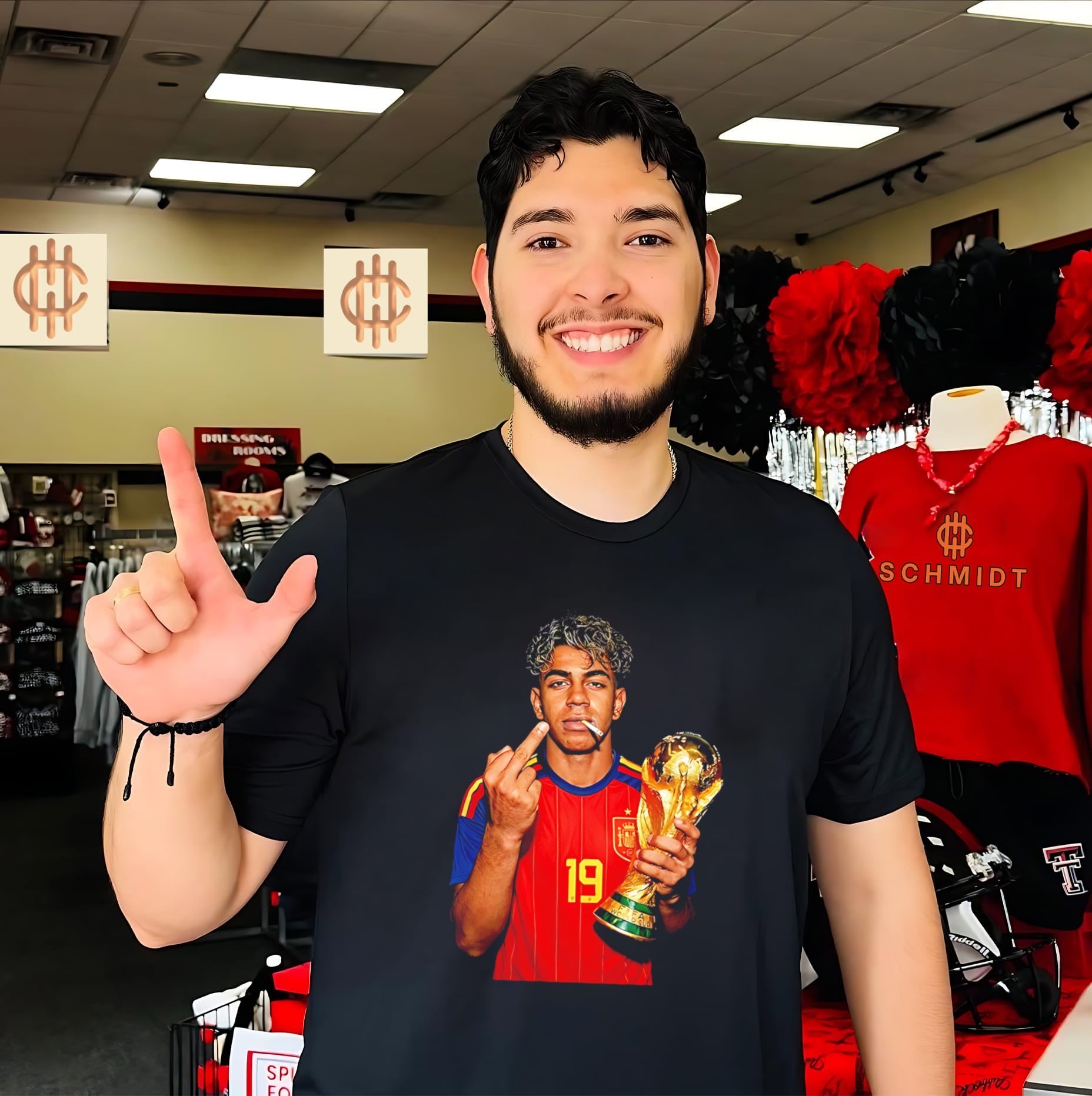 Lamine Yamal holding trophy middle finger shirt