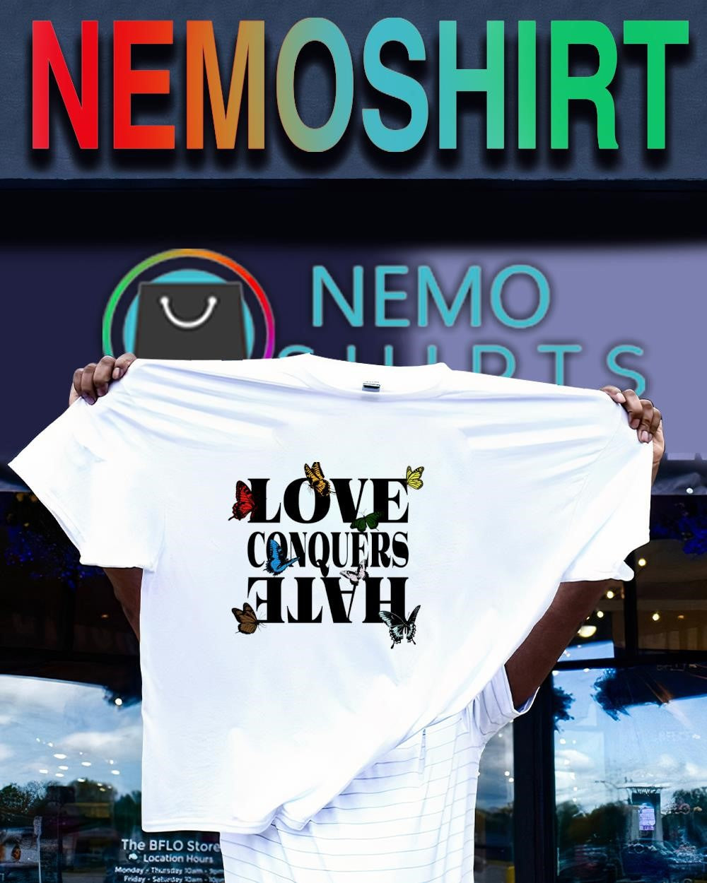Love conquers hate butterflies graphic shirt