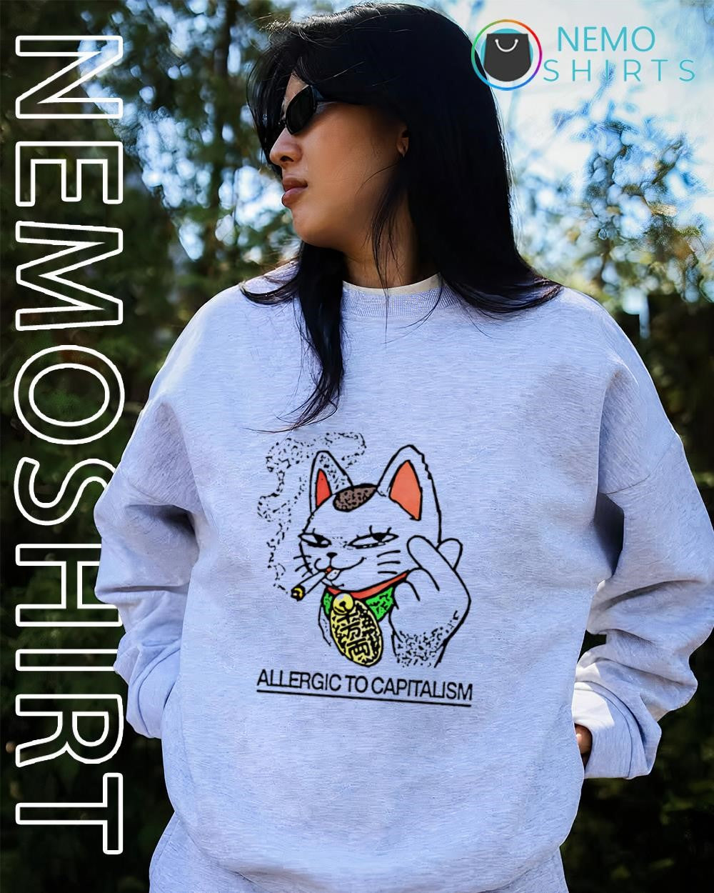 Lucky cat smoking allergic to capitalism graphic shirt