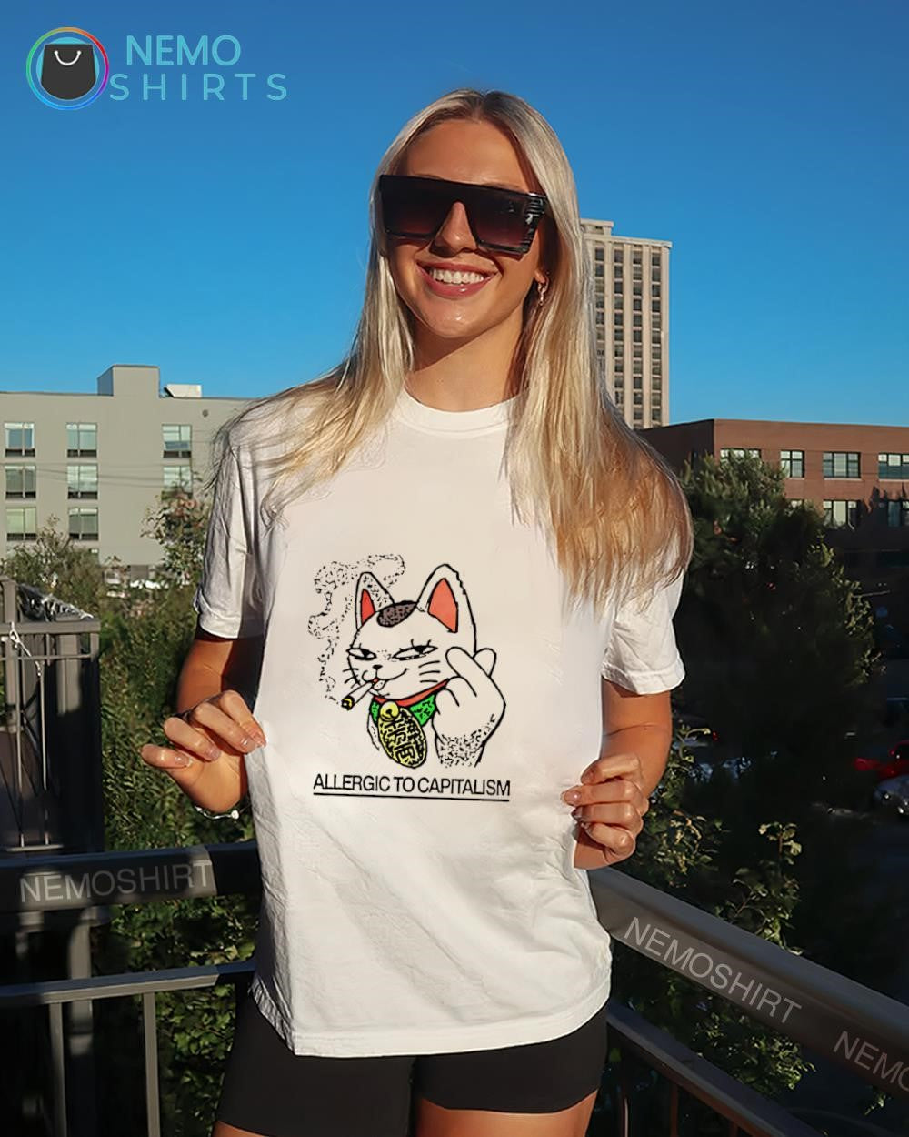 Lucky cat smoking allergic to capitalism graphic shirt