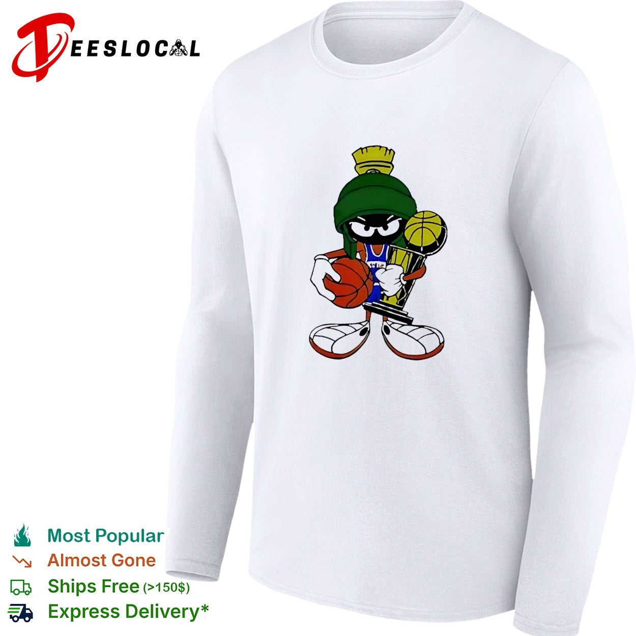 Marvin the Martian wearing New York Kicks jersey holding trophy and basketball shirt