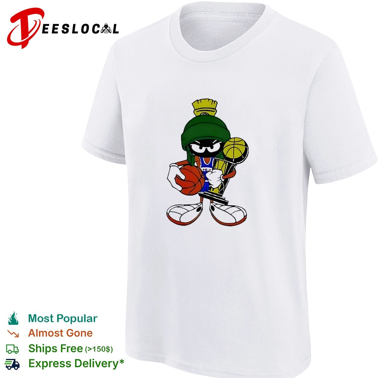 Marvin the Martian wearing New York Kicks jersey holding trophy and basketball shirt