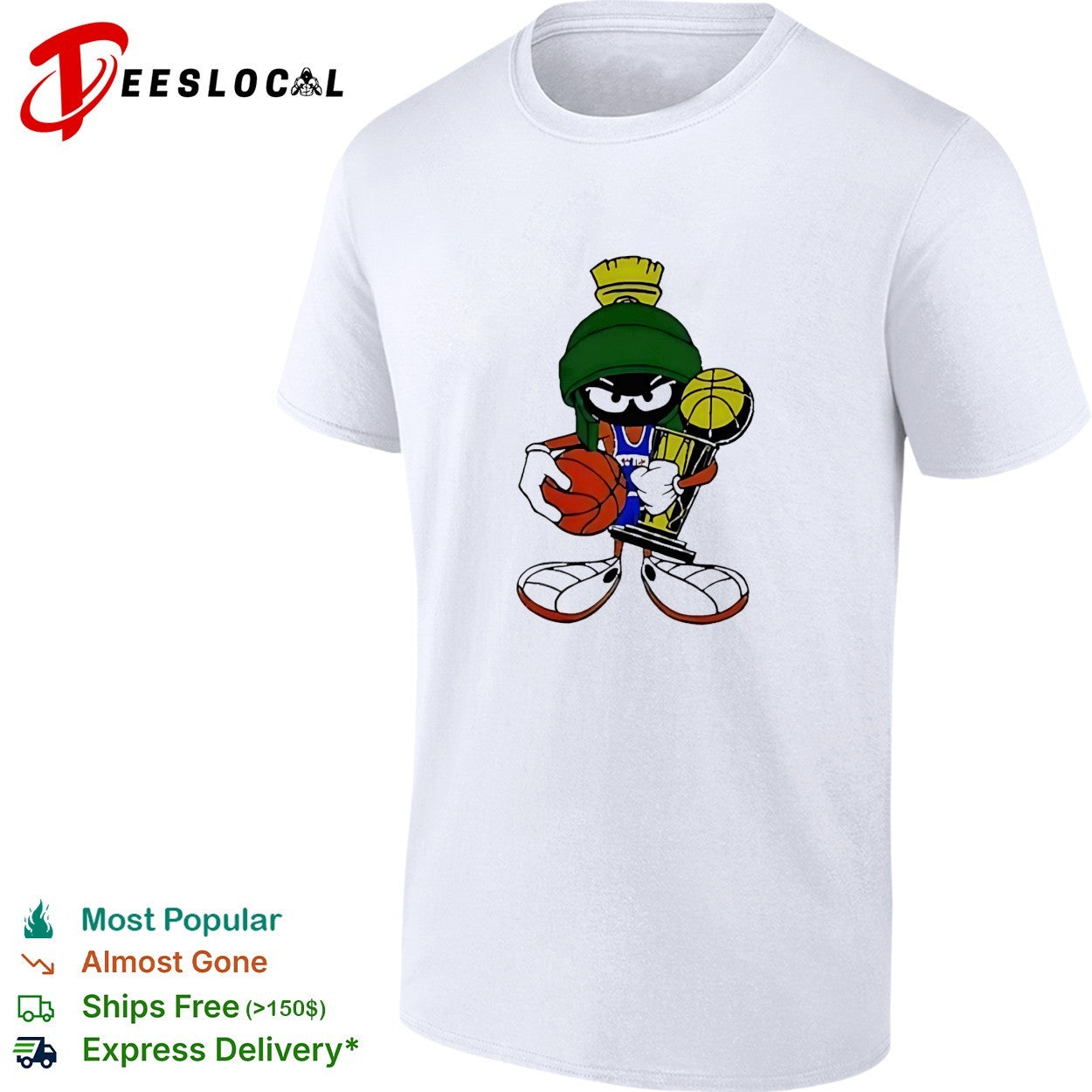 Marvin the Martian wearing New York Kicks jersey holding trophy and basketball shirt