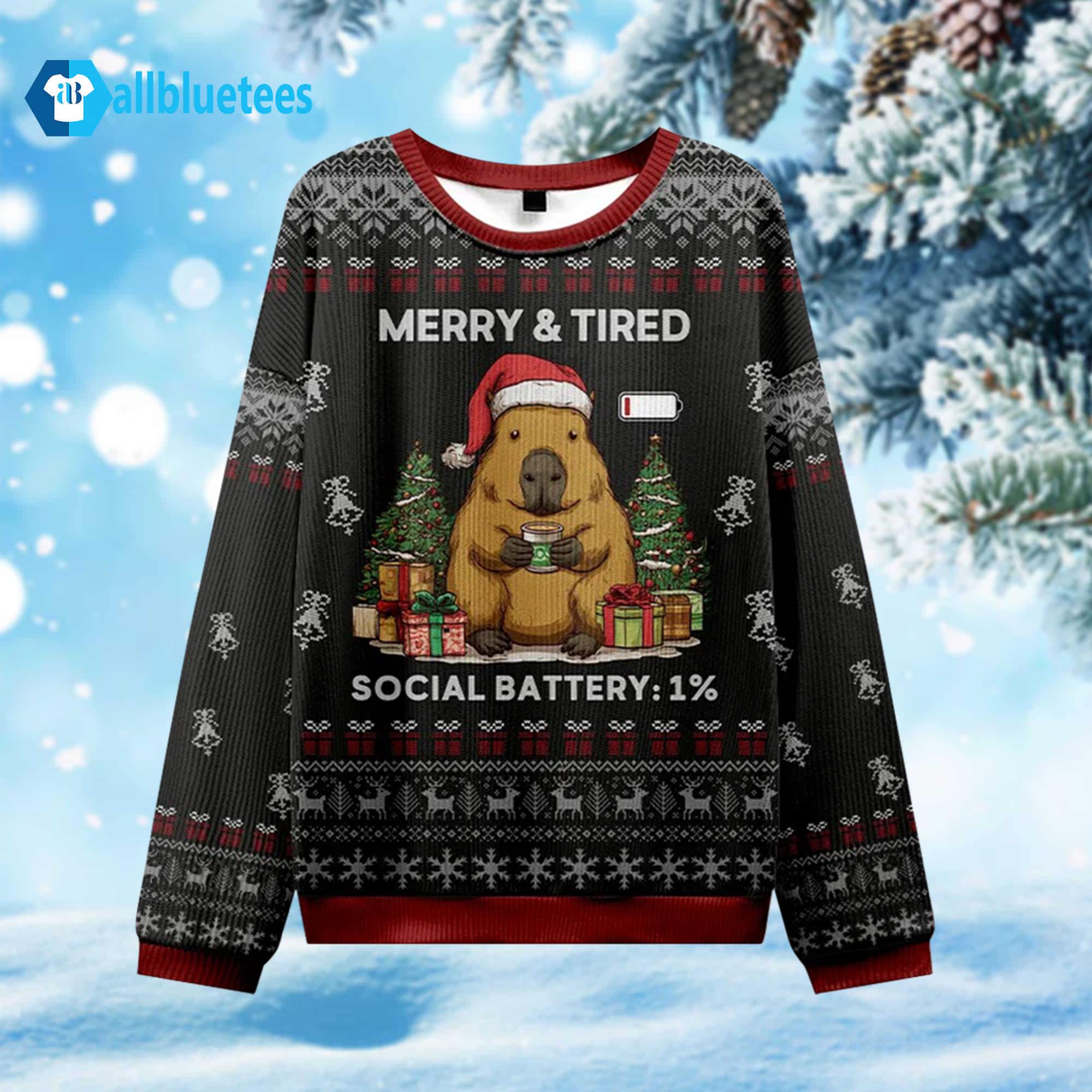 Merry And Tired Social Battery 1% Ugly Christmas Sweater