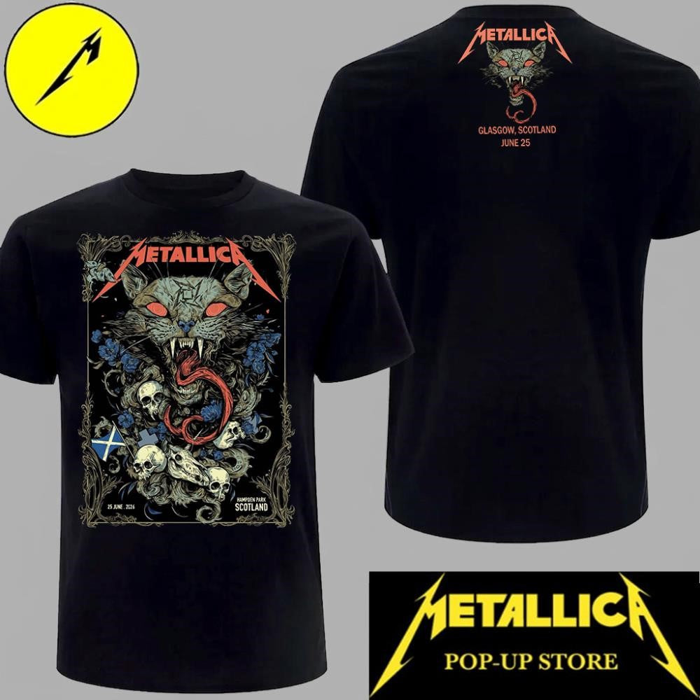 Metallica M72 Glasgow 2026 Graphic Print T-Shirt – Demon Cat & Skulls Heavy Metal Band Tee June 25 2026 – Art By Michelle KamMei Harvey