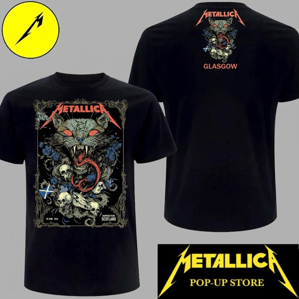 Metallica M72 Glasgow 2026 Scotland Flag & Cat Graphic T-Shirt – Hampden Park Stadium June 25 2026 – Art By Michelle KamMei Harvey