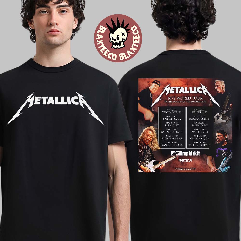 Metallica M72 World Tour North America 2027 Schedule Dates In The Round At The 50 Yard Line Two Sided T-Shirt