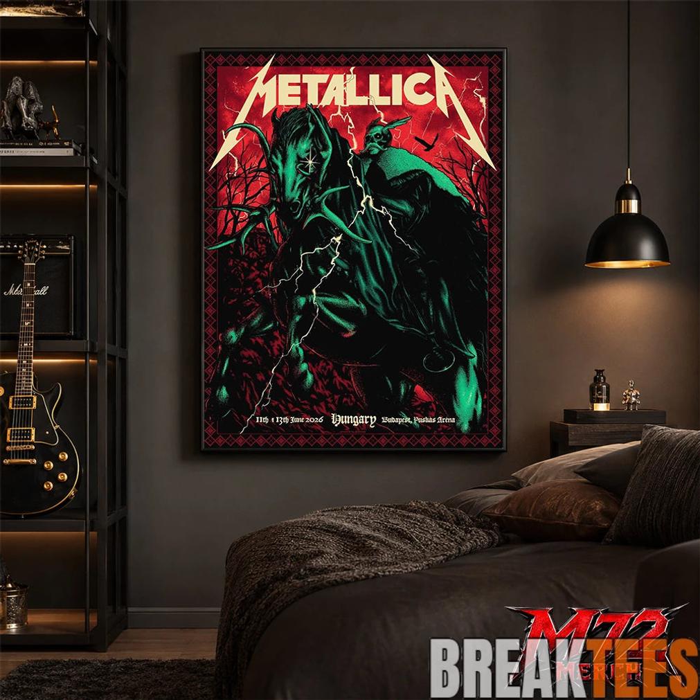 Metallica World Tour M72 June 11 13 2026 Budapest Hungary Pusks Arna Horseman Lightning Canvas Poster