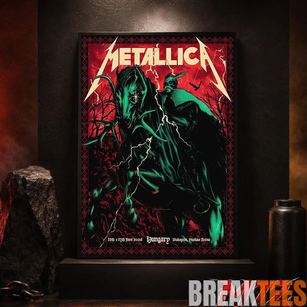 Metallica World Tour M72 June 11 13 2026 Budapest Hungary Pusks Arna Horseman Lightning Canvas Poster