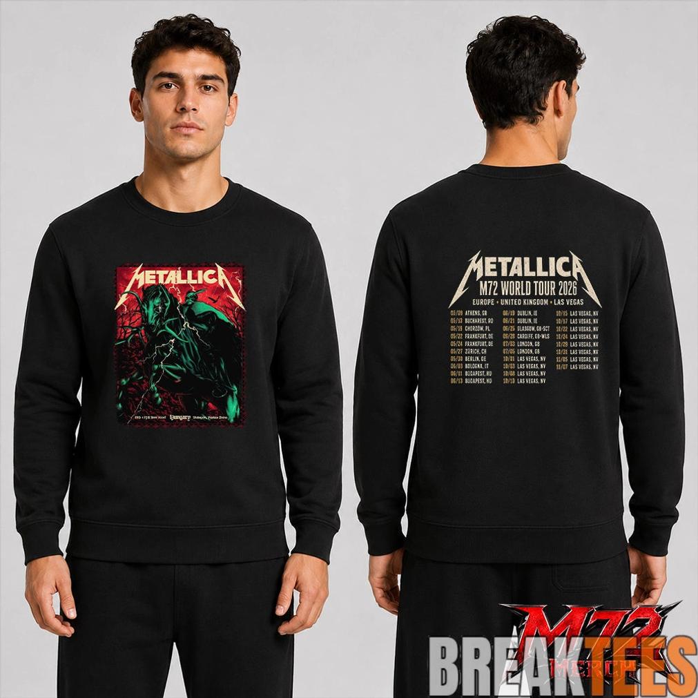Metallica World Tour M72 June 11 & 13 2026 Budapest Hungary Puskás Aréna Horseman Lightning Two Sided T-Shirt