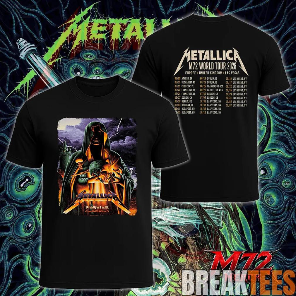 Metallica World Tour M72 May 22 2026 Frankfurt Germany Deutsche Bank Park Cloaked Skull Storm Two Sided T-Shirt