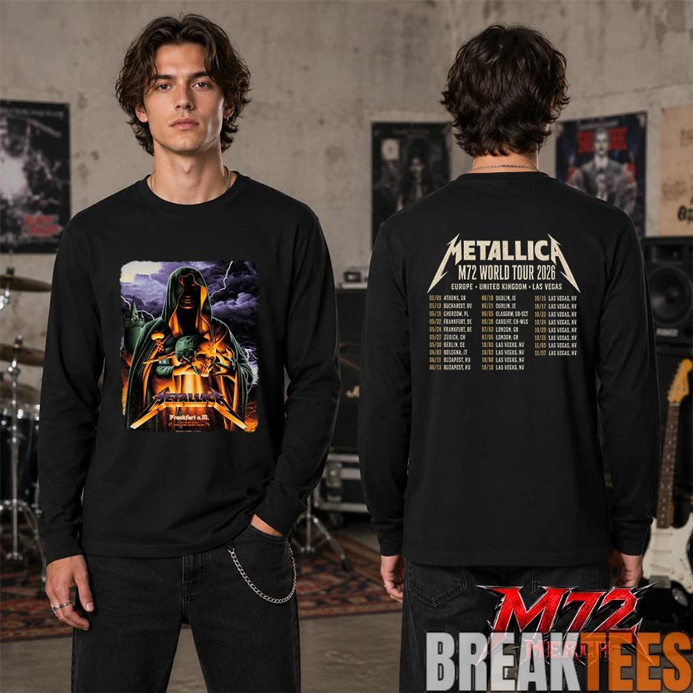 Metallica World Tour M72 May 22 2026 Frankfurt Germany Deutsche Bank Park Cloaked Skull Storm Two Sided T-Shirt