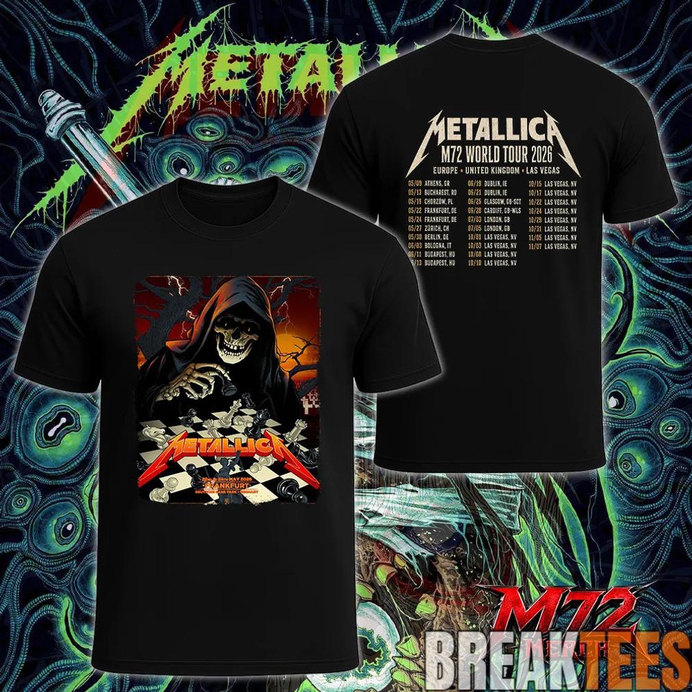 Metallica World Tour M72 May 22 & 24 2026 Frankfurt Germany Deutsche Bank Park Grim Reaper Chess Two Sided T-Shirt