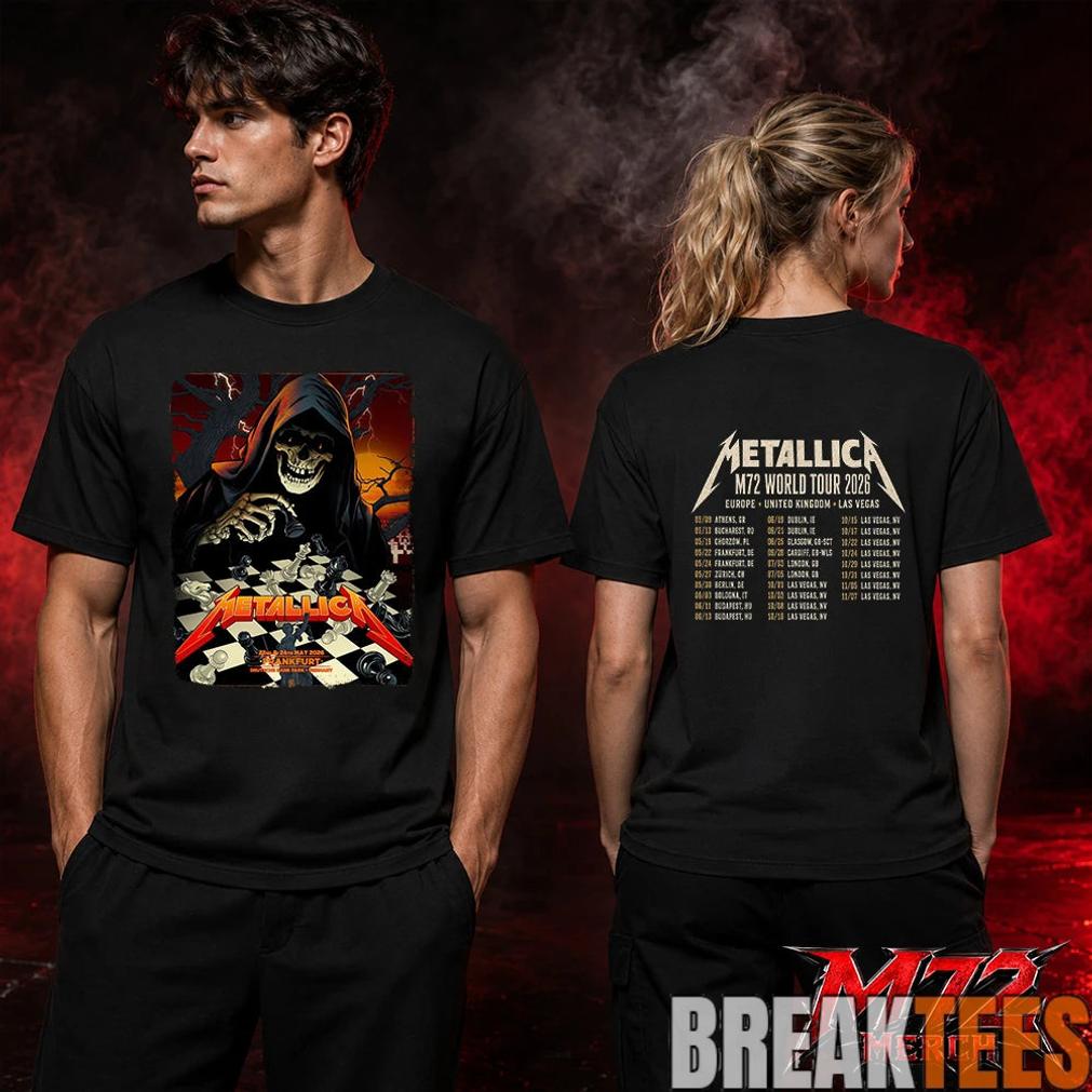Metallica World Tour M72 May 22 & 24 2026 Frankfurt Germany Deutsche Bank Park Grim Reaper Chess Two Sided T-Shirt