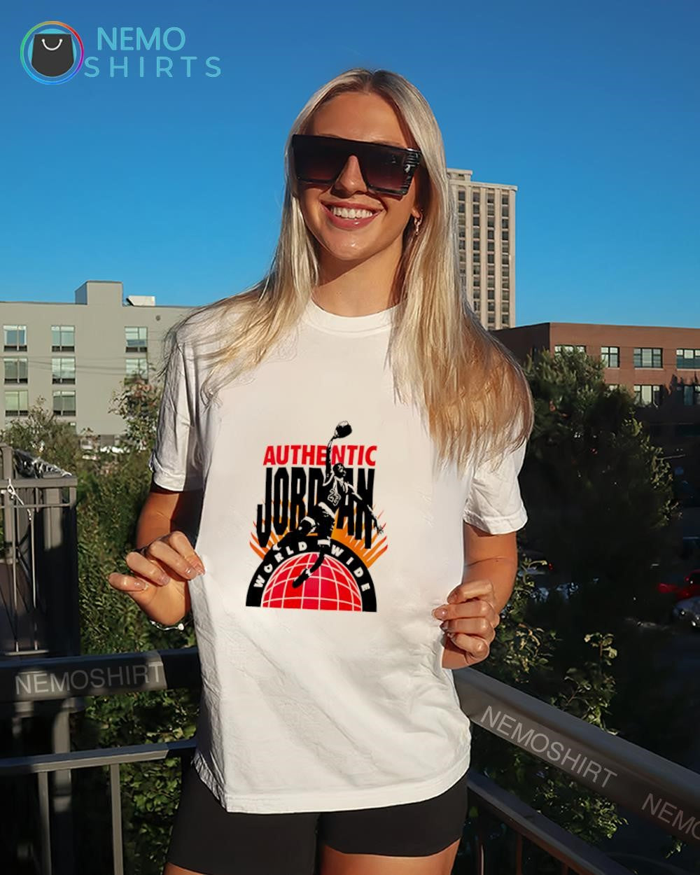 Michael Jordan dunking over authentic world wide shirt