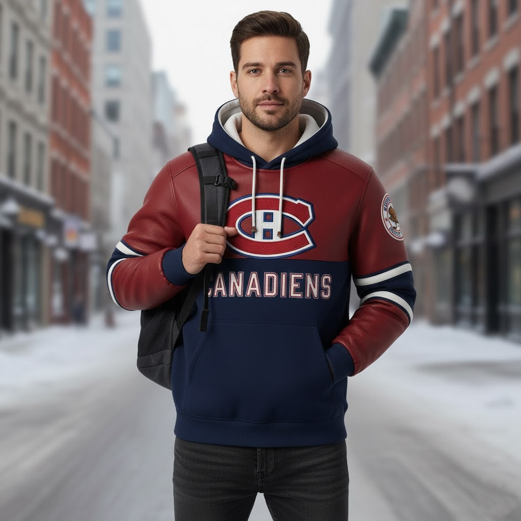 Montreal Canadiens Faux Leather Sleeve NHL Pullover 2025 Hoodie