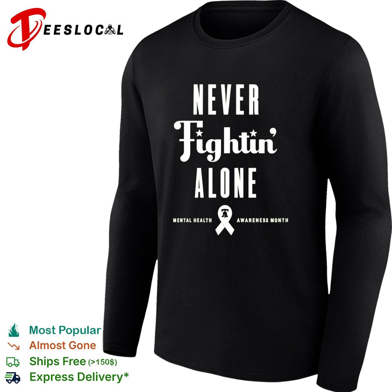 Never Fightin Alone Mental Health Awareness Month Liberty Bell Awareness Ribbon shirt