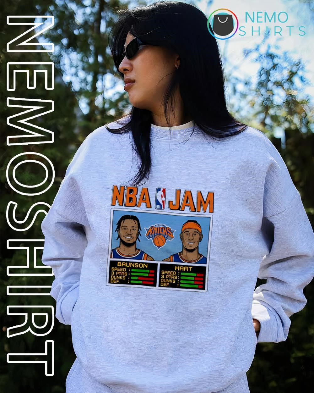New York Knicks players Jalen Brunson and Josh Hart NBA Jam shirt