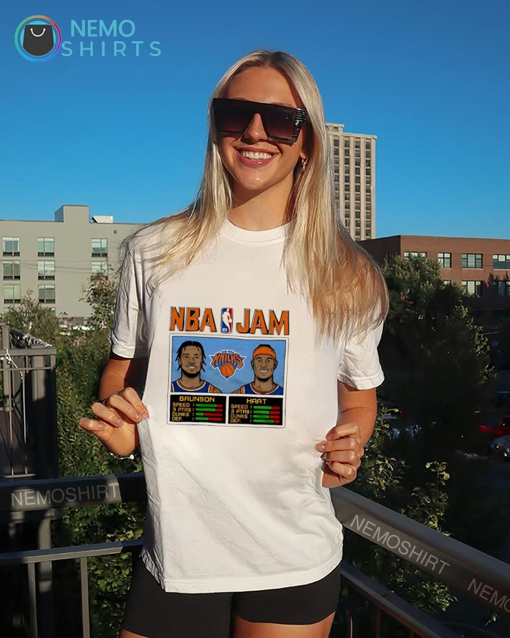 New York Knicks players Jalen Brunson and Josh Hart NBA Jam shirt